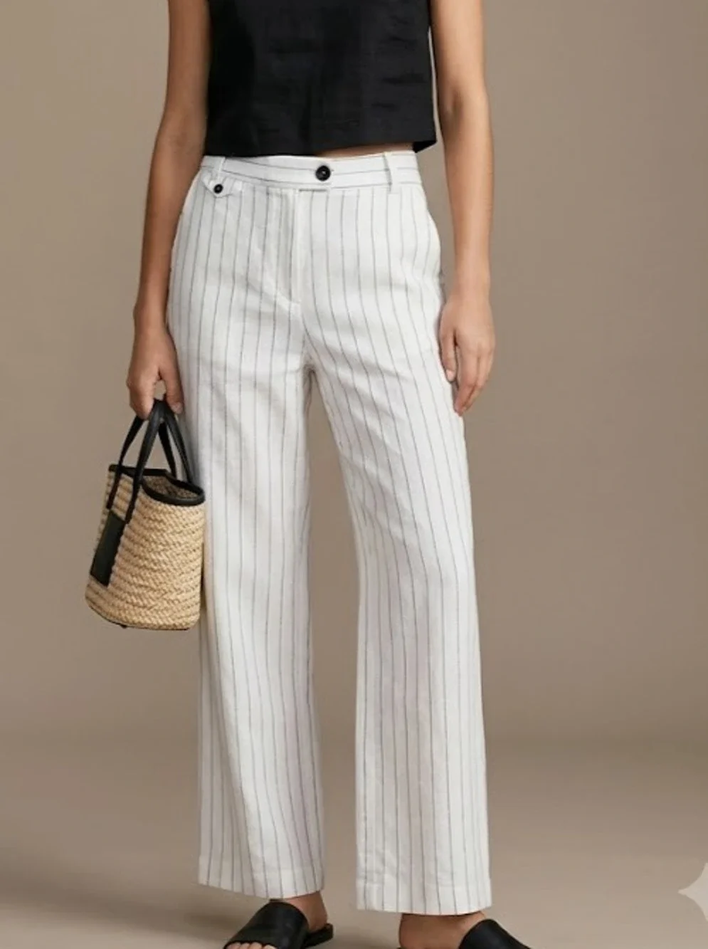 ZARA White Pinstripe Linen Blend Pants Women XL Wide Straight Leg Resort Beach